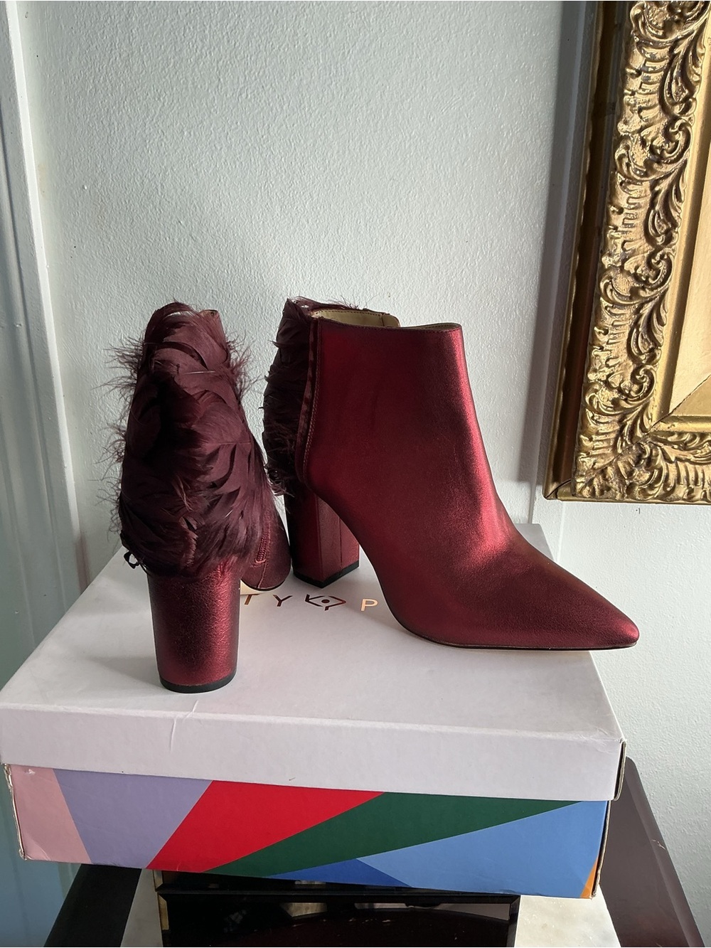 Katy Perry Collections Metallic Burgundy Ankle Boots with Feather Heel - Picture 6 of 9